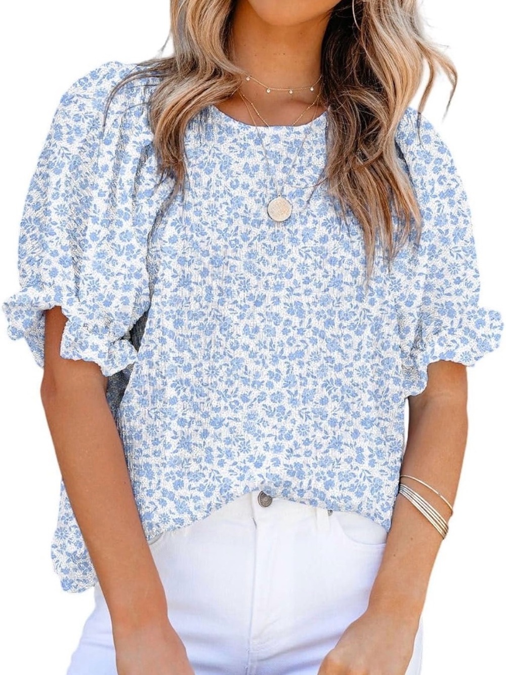 Blue Floral Puff-Sleeve Women's Top